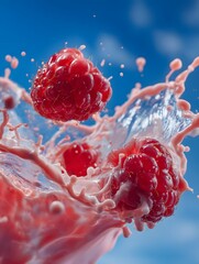 Raspberries Splashing into Pink Liquid Against a Blue Background