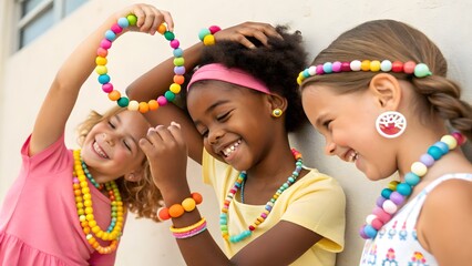 Three young girls smiling and wearing colorful beaded jewelry posing for a picture together indoors