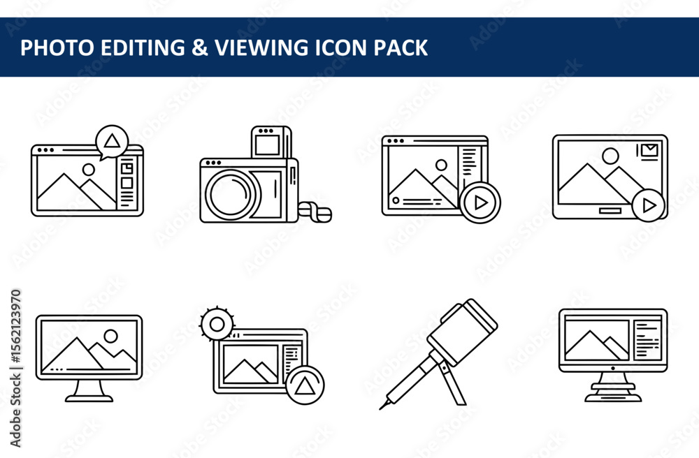 Poster line art icons of photo editing and viewing tools in a digital workspace. simple, modern tools for e