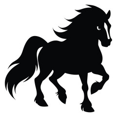 Elegant Black Horse Silhouette with Flowing Mane and Tail on White Background