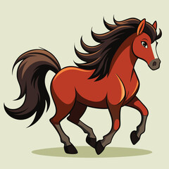 Cartoon chestnut horse galloping with flowing mane and tail on a light background