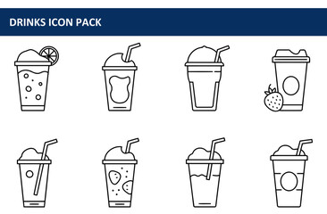 Drinks icon pack. Variety of beverages in disposable cups with straws.