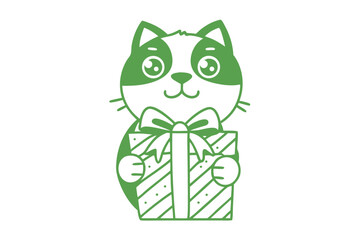 Cartoonish outline of a cat in green color is holding a gift box