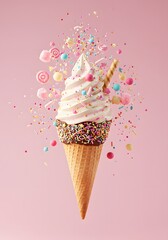 Vanilla Ice Cream Cone with Chocolate Rim and Colorful Sprinkles – Whimsical Dessert Composition Featuring Floating Candies on Solid Pink Background in Festive Pastel Artwork