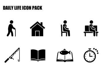 Daily life icons depicting various activities. Senior citizen walking with cane, home, sitting on chair, sitting on bench, fishing rod, open book with fish, open book, timer.