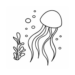 A jellyfish with bubbles seaweed for a coloring page ocean