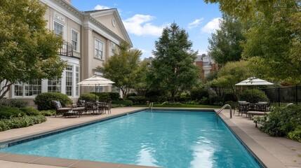 Fototapeta premium Gorgeous outdoor swimming pool set in a serene backyard with vibrant greenery and stylish patio furniture inviting relaxation