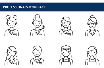 Female professionals in various professions, wearing lab coats or aprons, in a simple, friendly, professional style. Icons of different female professionals for a professional icon pack.