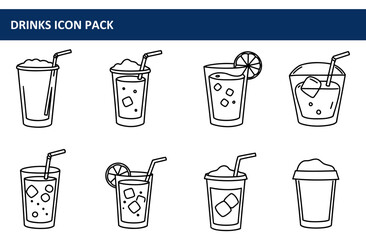 Drinks icon pack featuring various beverage styles in outline format. Simple illustrations of iced beverages with straws and ice cubes in different containers.