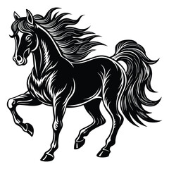 Elegant Black Horse Illustration with Flowing Mane and Tail on White Background