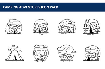 Camping adventure icons with various landscapes in simple line art style. Collection of camping scenes featuring tents, mountains, trees, and fire for different time of day.