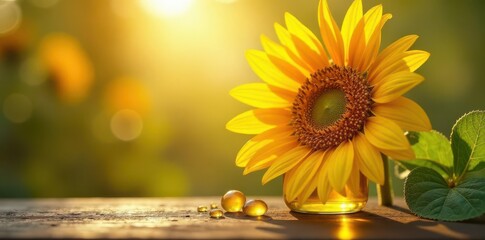 Sun-drenched sunflower in oil burst, sleek bottle, sunflower, image, ingredient