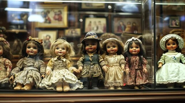 Antique dolls in elegant dresses are arranged in a glass display at a vintage shop, showcasing their detailed craftsmanship and history
