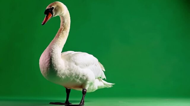 Elegant white swan strikes a pose on a vibrant green background in a studio setting green screen animal video