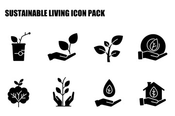 Sustainable living icon pack depicting various environmental actions. Simple, black and white illustrations of plants, hands holding plants, and water droplets for eco-conscious lifestyle.