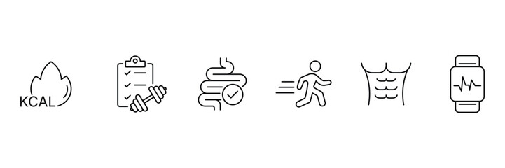 Fitness activity icons for calorie burn tracking digestion workout checklist movement muscle smartwatch health vector illustration set.