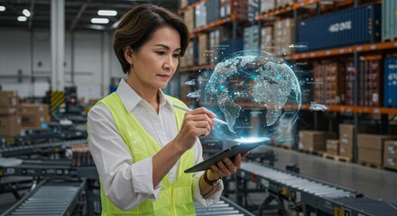 Woman in a warehouse using a tablet with a holographic globe