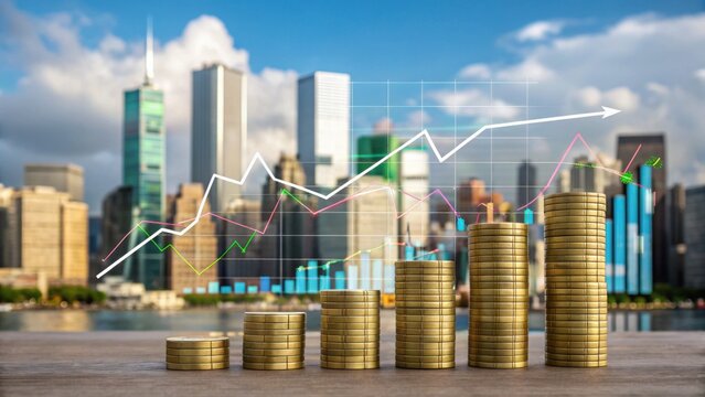 Stacks of coins increasing in height with financial charts overlays against a city skyline, symbolizing growth and economic progress.