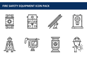 Fire safety equipment icons depicting various tools and structures. Line art illustrations of fire safety equipment for use in advertising, editorial, or informational design.