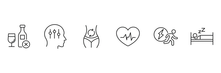 Healthy habits icons for wellness heart sleep energy detox brain mood alcohol free metabolism activity routine vector illustration.