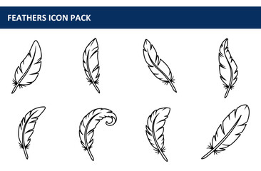 Feathers icon pack displaying various feather designs in a graphic design setting. Simple line art feather illustrations with varied poses in a clean and professional format.