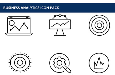 Business analytics icon pack showing various charts and diagrams. Simple, modern, line illustrations display data visualization, strategy, and analysis tools in a clean, professional setting.