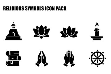 Religious symbols icon pack featuring a pagoda, lotus flower, candle, books, praying hands, and dharma wheel.