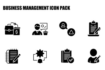 Business management icons depicting various tasks and activities. Diverse business people and teams engaged in planning, communication, and financial management activities in a professional setting.