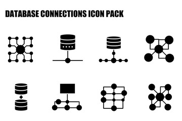 Database connections icons for technical use. Set of black and white icons for database connections showing various representations of network connectivity.