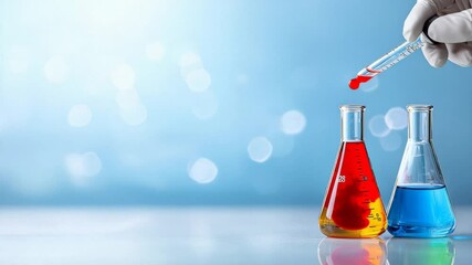 Hand in glove adding red liquid to a laboratory flask with colored solutions. Concept of scientific research, chemistry experiment, innovation, and medical or pharmaceutical testing - Powered by Adobe