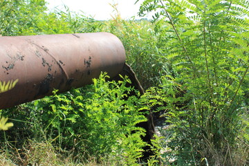 Rusty Pipe Leaking Dark Liquid &ndash; Environmental Pollution Concept, Rusty Pipe Discharging Toxic Liquid &ndash; Industrial Waste in Nature, Dirty Liquid Flowing from Rusty Pipe &ndash; Water Pollution and Waste