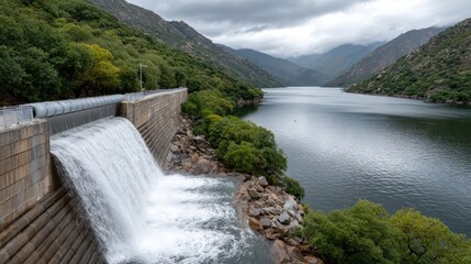 Fototapeta premium Vibrant water rushes over the dam's edge, forming white splashes as it joins the river beneath, framed by hills and clouds overhead