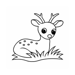 A cartoon deer with antlers sitting in grass on a animal outline
