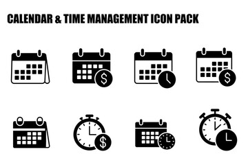 Calendar and time management icon pack showing various calendar, clock, and time-related icons. Black and white flat icons for design use.