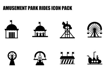Amusement park ride icons in silhouette design showing various rides and attractions. Black and white simplified illustrations of a carousel, Ferris wheel, roller coaster, and more, in a flat design.
