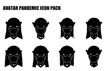 Female avatars with protective face masks, showcasing diverse hairstyles and a simple, graphic style. Collection of pandemic era avatars for use in social media, digital media or merchandise.