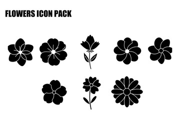 Flower icons in various styles displayed on a white background. Simple black and white flower illustrations with different petal arrangements.