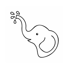 Elephant head with water droplets spraying from trunk on outline animal