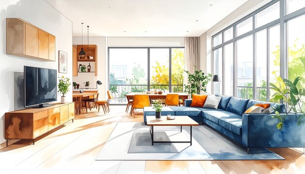 Affordable Housing Solutions Watercolor Style. Modern living room with natural light and stylish furnishings.