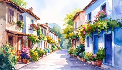 Fototapeta premium Affordable Housing Solutions Watercolor Style. Charming street scene with colorful houses and lush flowers.