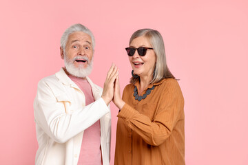 Senior couple in stylish outfits on pink background