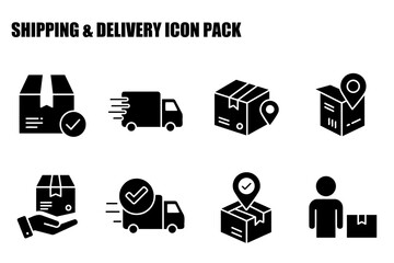 Flat icons depicting various aspects of shipping and delivery. Simple, stylized illustrations of boxes, vans, checkmarks, and location pins in a logistics-related setting.