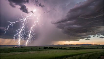 Dramatic lightning strikes illuminate a rural landscape under a stormy sky at dusk