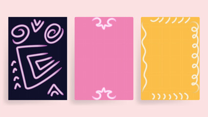Template Set with Doodle Border Vector in Pink, Purple, Yellow