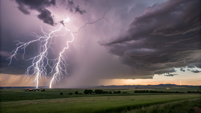 Dramatic lightning strikes illuminate a rural landscape under a stormy sky at dusk