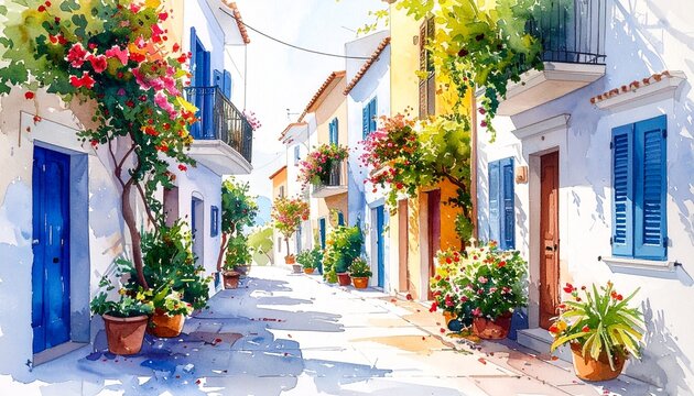 Affordable Housing Solutions Watercolor Style. Charming street with colorful buildings and vibrant flowers.