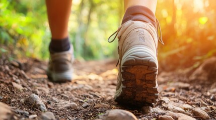 A person walking on a rocky trail in a forest, wearing hiking boots.