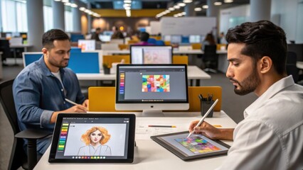 Two men working on digital art projects using tablets and computers in a modern office environment.
