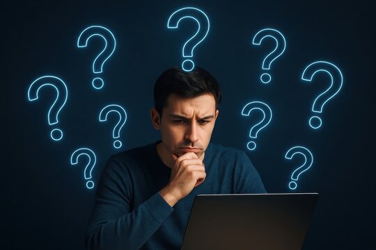 A pensive man sits before a laptop, surrounded by glowing question marks, deep in thought
