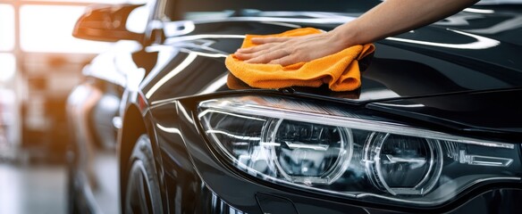 The meticulous cleaning of a luxury car's hood with a microfiber cloth.